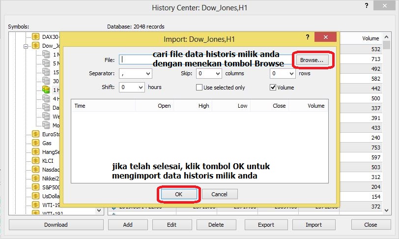 langkah-langkah mengimport data historis